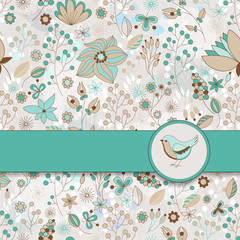 Vector card with floral pattern, ribbon and bird