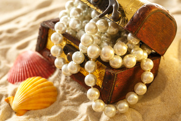 Treasure chest with seashells and pearl