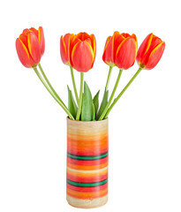 Red tulips flowers with yellow stripes, colored flowerpot, vase