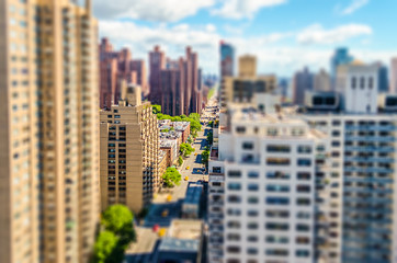 Fototapeta na wymiar Aerial view of 2nd Avenue Manhattan. Tilt-shift effect applied