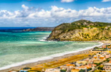 Mediterranean Beach in Milazzo, Sicily. Tilt-shift effect applied