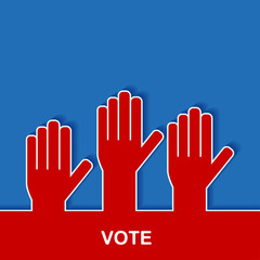 Obraz premium Elections and voting poster with hands. Voting in elections. Hands raised up. Stock vector illustration.
