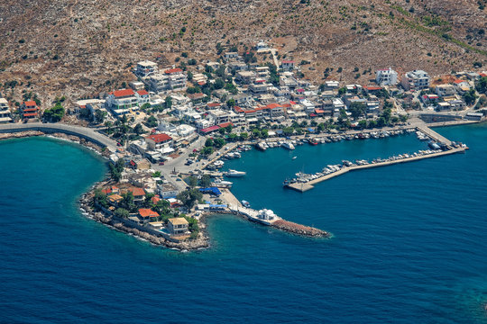 Aerial view of village and port of Pachi, Greece
