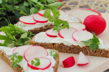 Sandwich with soft cheese, radish and parsley