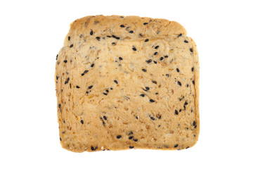 Fresh sliced wholegrain bread on a white background.