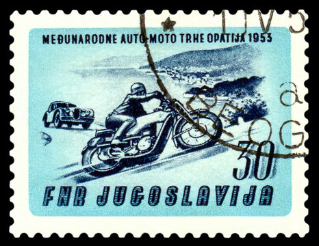 Postage stamp. Motorcycle  &  auto at Opatija.