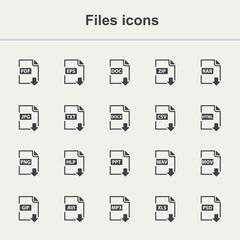 Files icon set.Vector files icon isolated.Vector document icon set.Vector document  in different formats icon set.File icon .Vector file icon collection.File icon.Document icon.Format icon
