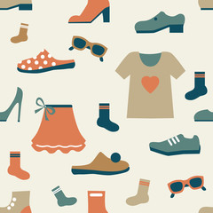 Shoes and clothes repeat pattern. Retro color. Vector trend background.
