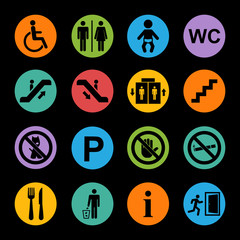 Public icon set.Service Signs icon set.Vector black public building sign isolated on a color circle