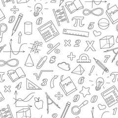 Seamless background with simple icons on the theme of mathematics and learning , the dark contour on a white background