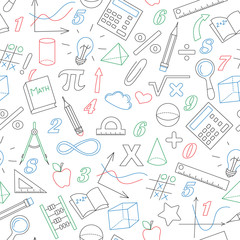 Seamless background with simple icons on the theme of mathematics and learning , colored marker on white background