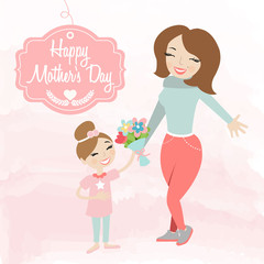 Kind übergibt Mutter einen Blumenstrauß zum Muttertag Vektor