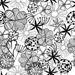 Seamless vector floral pattern with flower in doodle style with flowers and leaves. Black and white floral background perfect for wallpaper, pattern fill, web page background, surface texture, textile