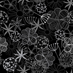 Seamless vector floral pattern with flower in doodle style with flowers and leaves. Black and white floral background perfect for wallpaper, pattern fill, web page background, surface texture, textile