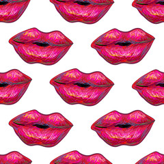 Kiss me. Love. Sexy design. Valentines Day romantic seamless background with pink hand drawn lips. Perfect for wallpapers, pattern fills, web page backgrounds, surface textures, textile