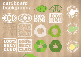 background cardboard with emblems «bio», “eco”,”recycled”,”natural product”.vector illustration