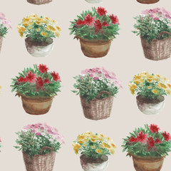 Yellow, pink, red flower in a flower pot, seamless pattern, beige background.