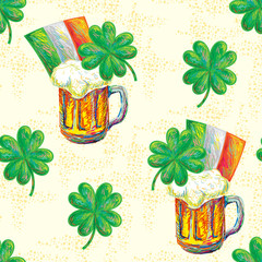 Seamless pattern with beer glasses, green clover and Irish flag. St. Patrick's Day vector illustration