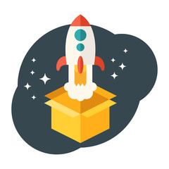Startup concept. Rocket launched from the box. Flat style vector illustration