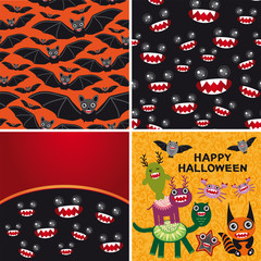 Happy Halloween set of two seamless patterns and two cards. Bats