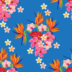 Obraz premium Seamless summer tropical pattern with exotic flowers vector background. Perfect for wallpapers, pattern fills, web page backgrounds, surface textures, textile