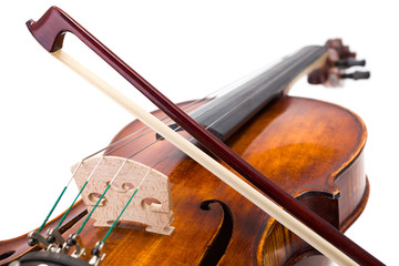 Back view of a violin with bow on strings