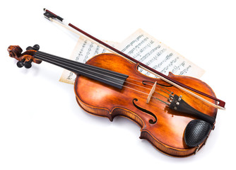 Fototapeta na wymiar Top view of violin on score