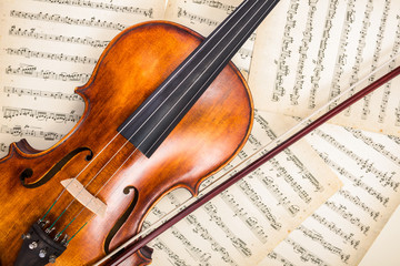 Fototapeta na wymiar Top view of violin on score