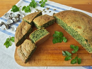 Cooking qoutweed ginger cake, organic food with wild plants and quail eggs