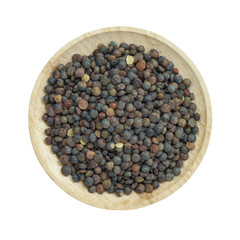 Lentils beans in wooden bowl isolated on white background