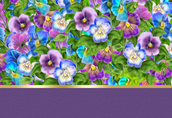 Pansy flower garden Background. Viola tricolor Spring flowers background. Digital Illustration. For Art, Print, Web design, Poster, Wallpaper, Banner, E-card.
