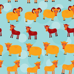 Ram, ewe and lamb. Set of funny animals with cubs seamless pattern on a blue background. vector