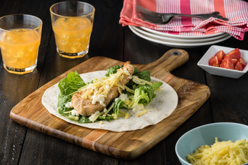 Breaded Chicken burrito Wrap With Fresh Lettuce Cheese