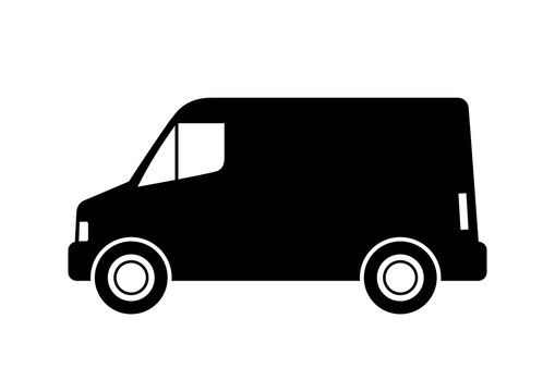Black delivery van on white background, isolated vector icon