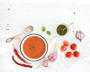 Gazpacho soup in rustic metal bowl with fresh tomatoes, green sauce, chili, garlic and basil