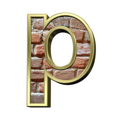 One lower case letter from old brick with gold frame alphabet set, isolated on white. 3D illustration.