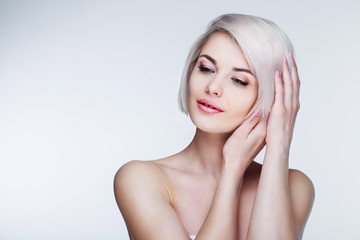 blond model with brown eyes