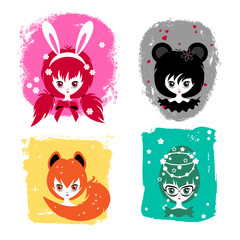 Four variants of an anime girl's portrait. Girl in Japanese style. Cute anime girls. Set of cute little girl flat vector illustration for your design (shirt, poster, banner)