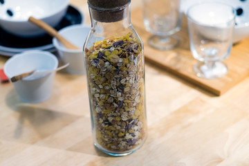 Cereals and bowls on table