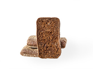 pieces of rye bread on white background, selective focus with shadow