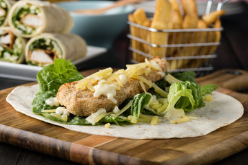 Breaded Chicken burrito Wrap With Fresh Lettuce Cheese