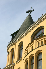 Roof with a cat sculpture in old Riga, Latvia, Europe