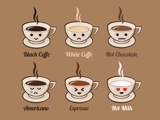 Coffee Pack Vector. Hot Chocolate. Hot Milk. Black Coffee. White Coffee. Espresso. Cappuccino. American Coffee