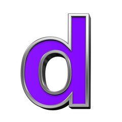 One lower case letter from violet with silver frame alphabet set, isolated on white. 3D illustration.