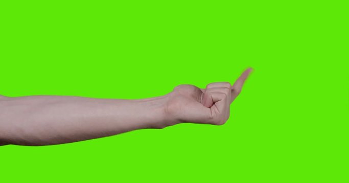adult man hand show come on gesture on green screen, prores footage 60fps