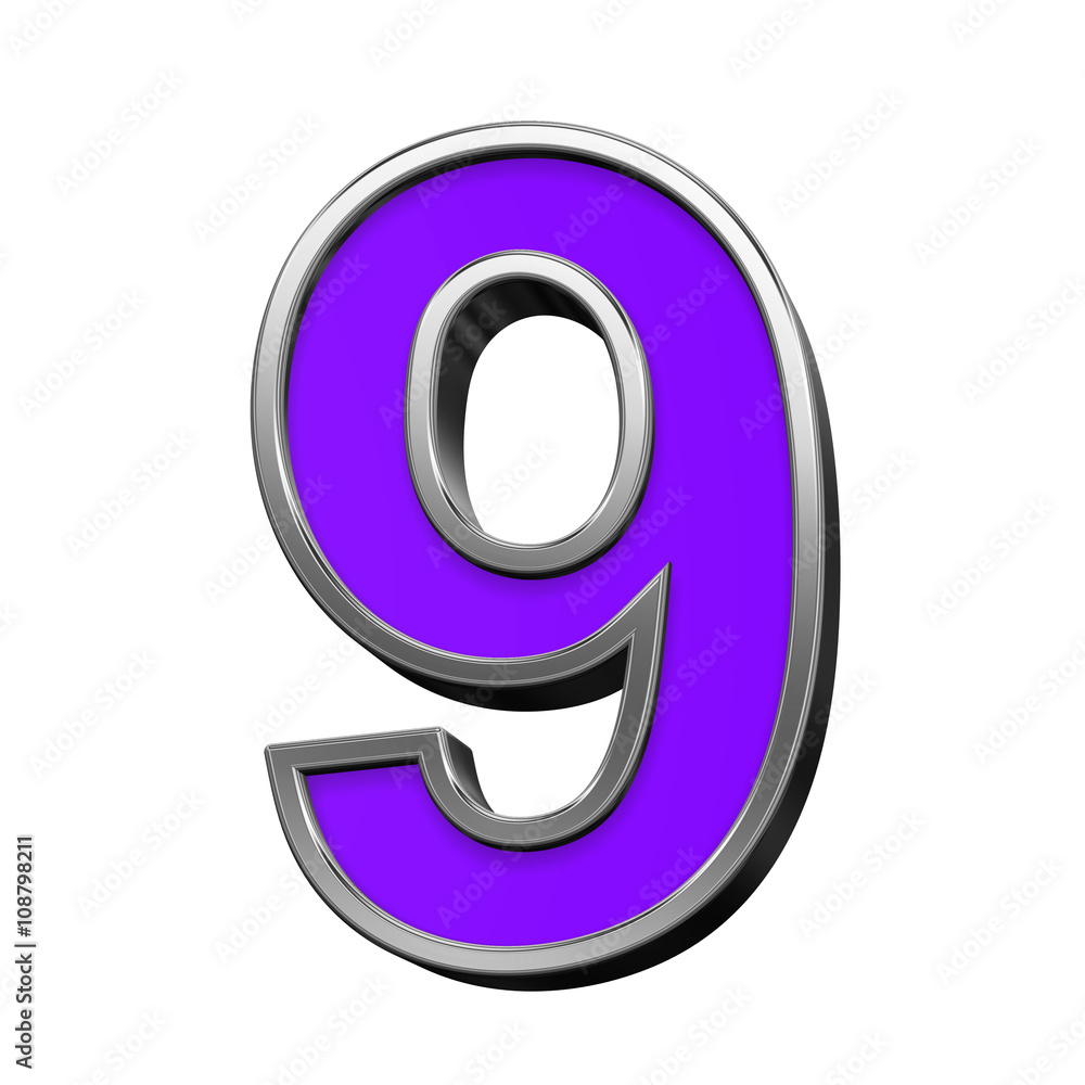 Fototapete one digit from violet with silver frame alphabet set, isolated on white. 3d illustration.