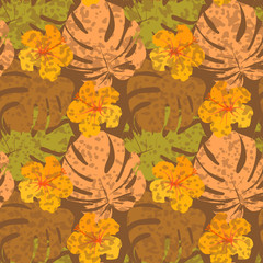 Vector seamless pattern with silhouette of tropical leafs 