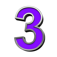 One digit from violet with silver frame alphabet set, isolated on white. 3D illustration.