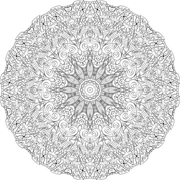 Ray edge mandala tracery wheel mehndi design. Tracery calming ornament. Neat even binary monochrome harmonious doodle texture. Indifferent discreet. Bracing usable doodling mehndi pattern. Vector.