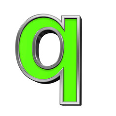 One lower case letter from green with silver frame alphabet set, isolated on white. 3D illustration.